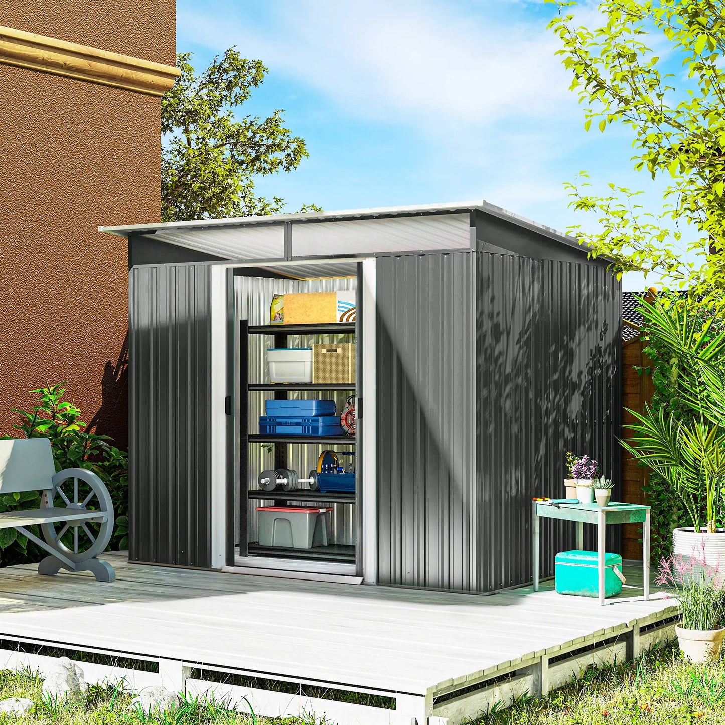 6' x 8.5' Outdoor Metal Garden Shed, Steel Utility Storage, Dark Grey Sheds at Gallery Canada