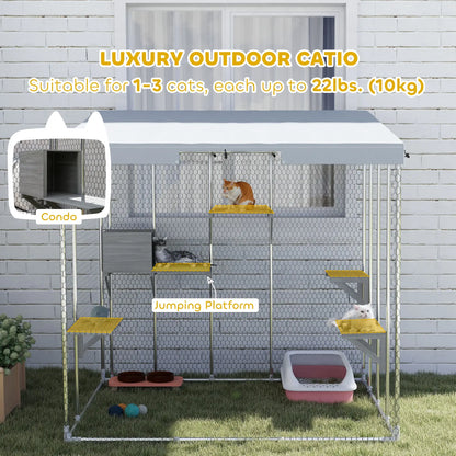 79" L Galvanized Steel Catio, Outdoor Cat Enclosure, 420D Waterproof Canopy, Multiple Platforms, Resting Condo, Silver Outdoor Cat Enclosures at Gallery Canada
