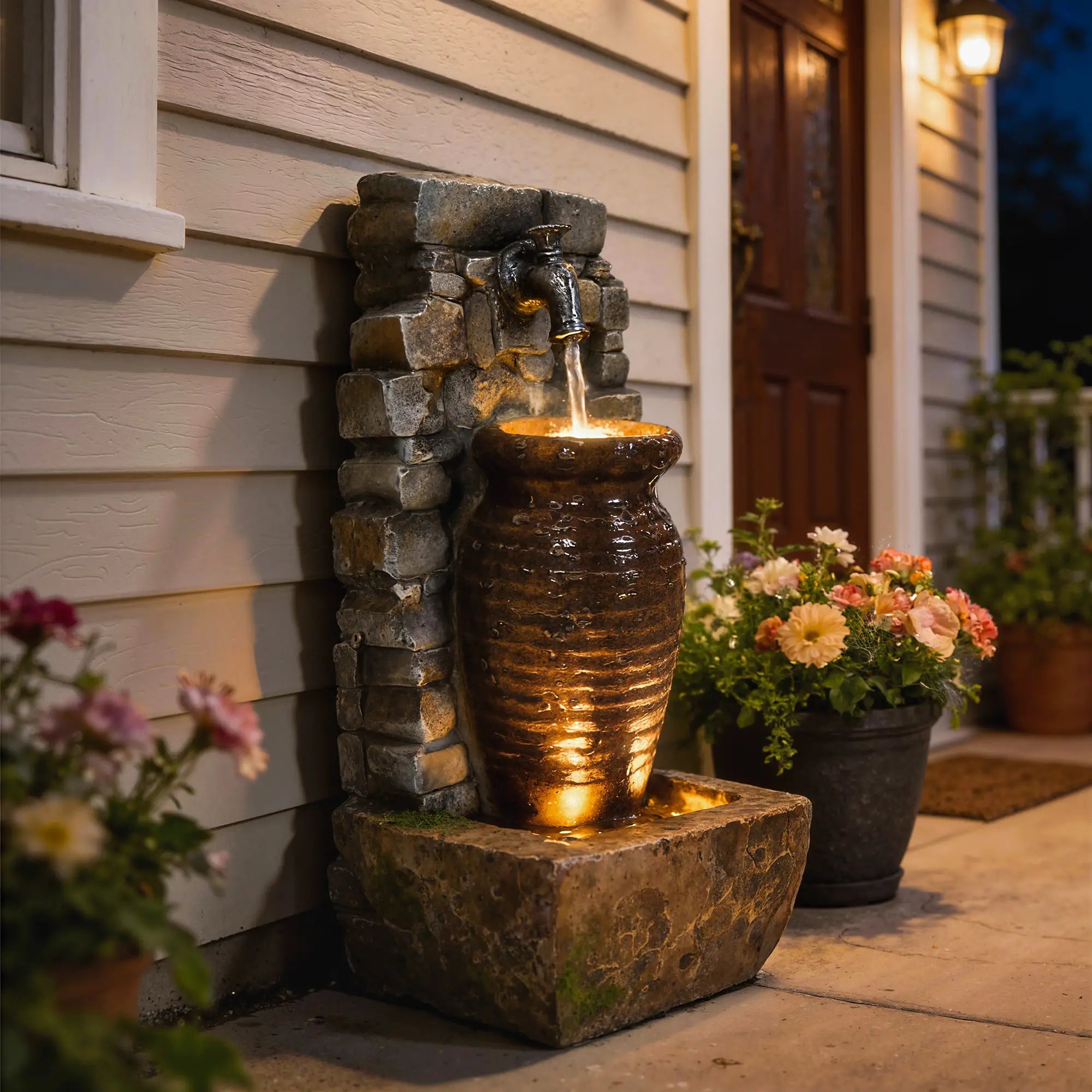Outdoor Garden Fountain, Adjustable Water Flow, LED Lights, Rustic Urn Design Water Fountains at Gallery Canada