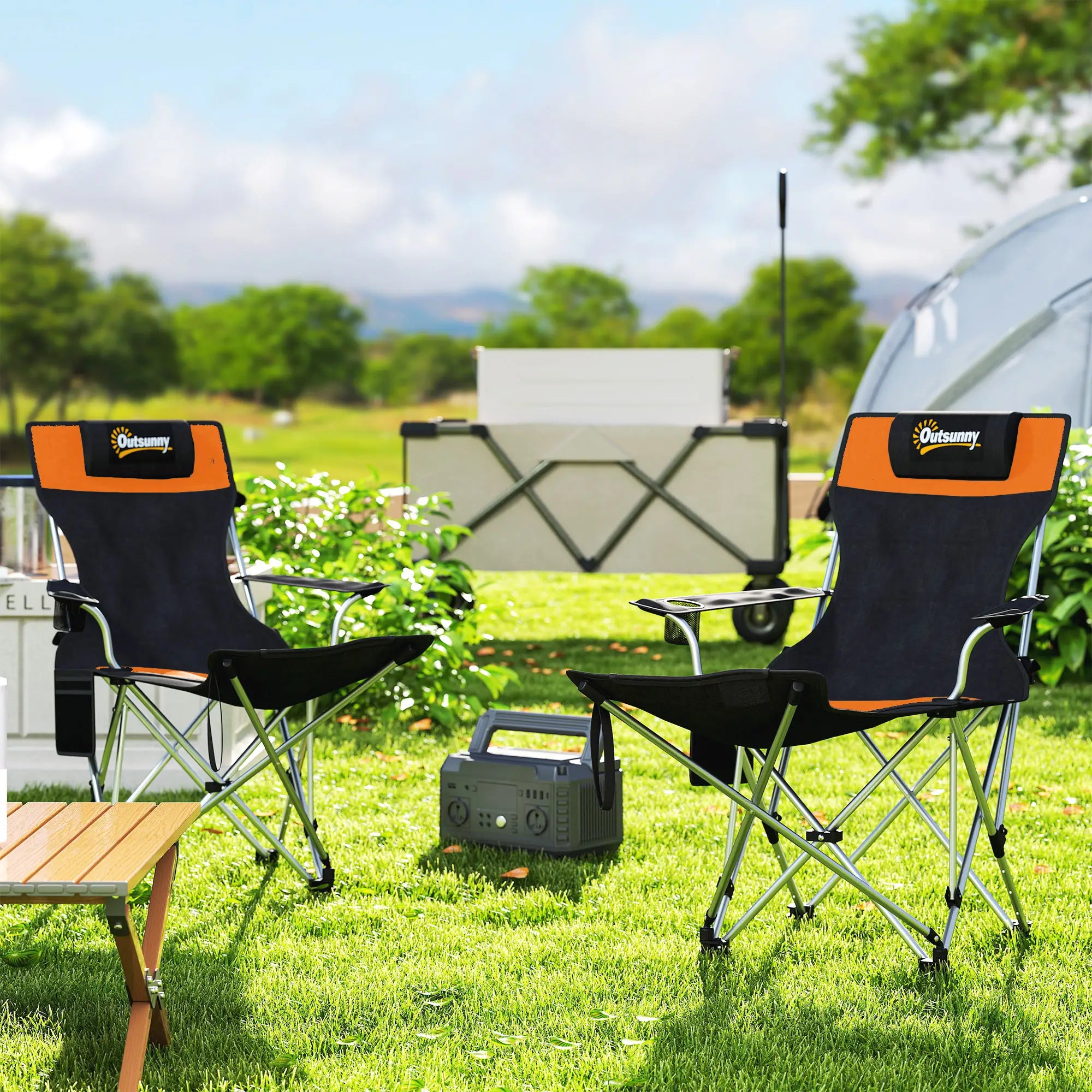Reclining Camping Chair Set With Foot Rest, Headrest, Cup Holder, Storage Bag, Orange Picnic Tables & Camping Chairs at Gallery Canada