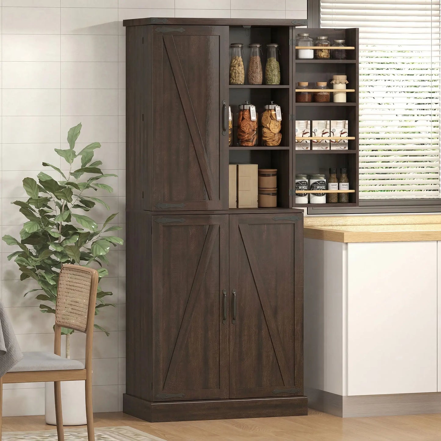 72" Tall Kitchen Pantry Cabinet, Farmhouse Storage Cabinet with 8 Door Racks and Adjustable Shelves, Distressed Brown