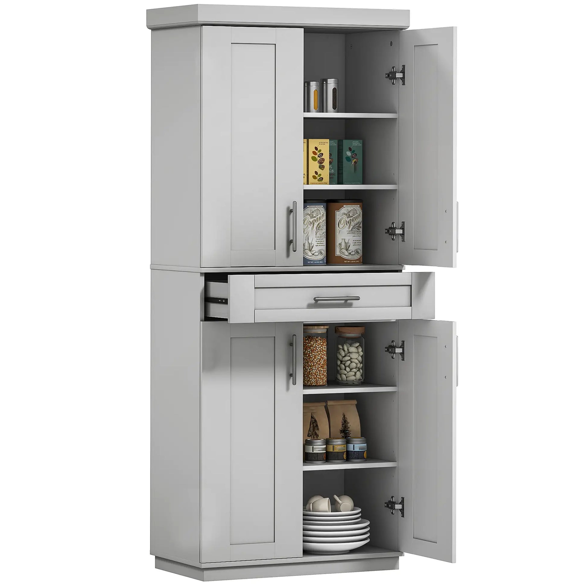 72" Storage Cabinet, Kitchen Pantry with 4 Doors, Drawer, 3 Shelves, Grey Kitchen Pantry Cabinets Grey at Gallery Canada