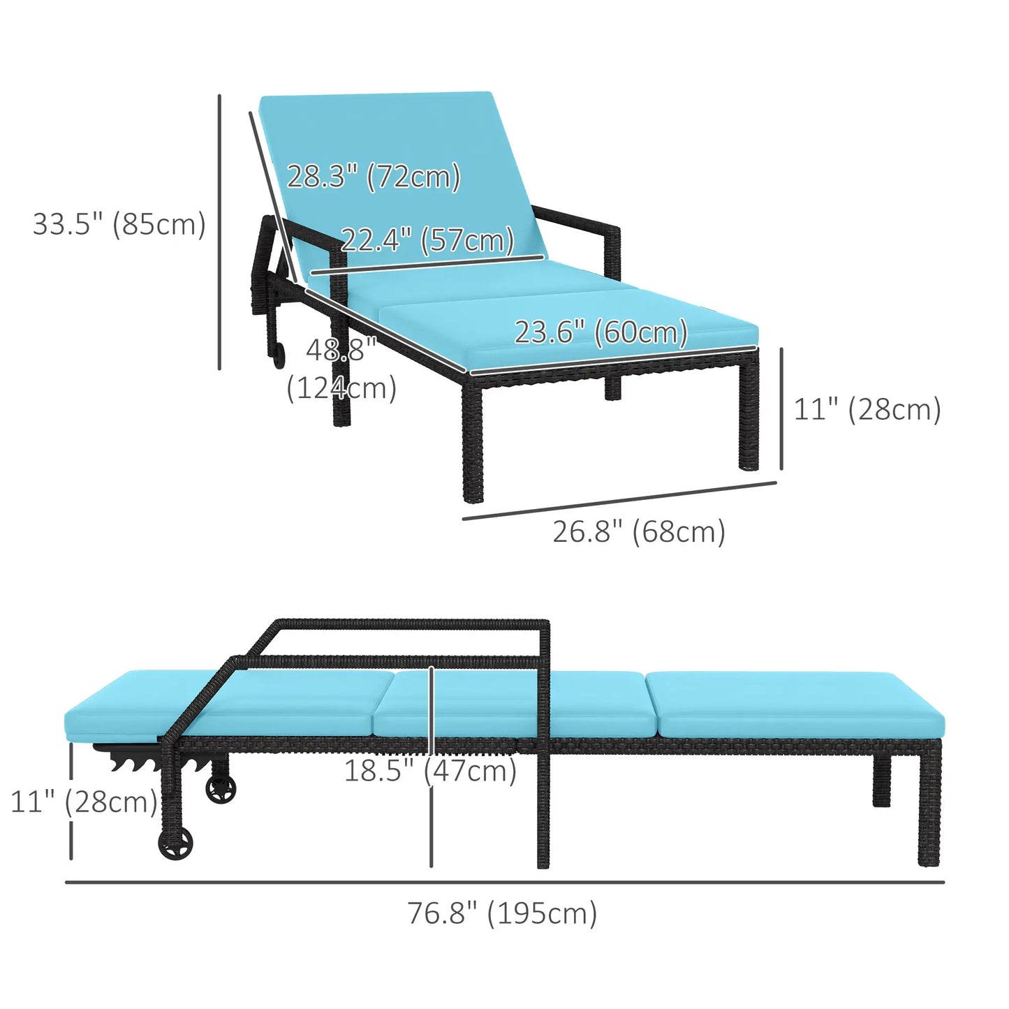 2 Piece Wicker Chaise Lounger, PE Rattan Outdoor Chair, Adjustable Backrest, Sky Blue Chaise Loungers at Gallery Canada