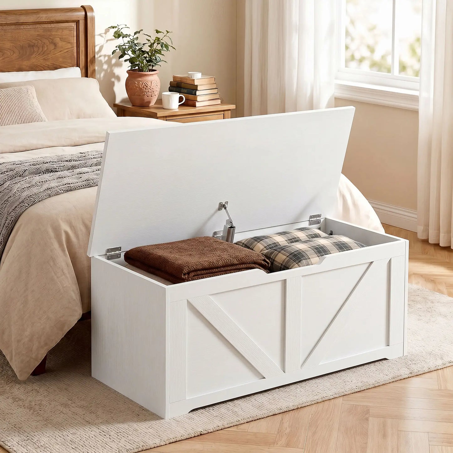 31.5 Inches Storage Chest with Safety Hinge, Wood Grain, White