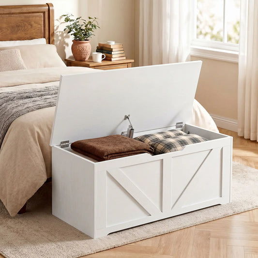 31.5 Inches Storage Chest with Safety Hinge, Wood Grain, White Storage Ottomans & Benches White Wood Grain at Gallery Canada