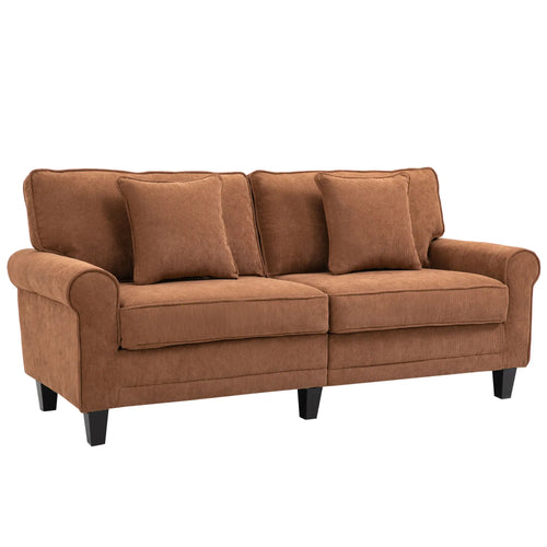 Modern 3 Seater Sofa, Corduroy Couch, Pine Wood Legs, Brown, Brown