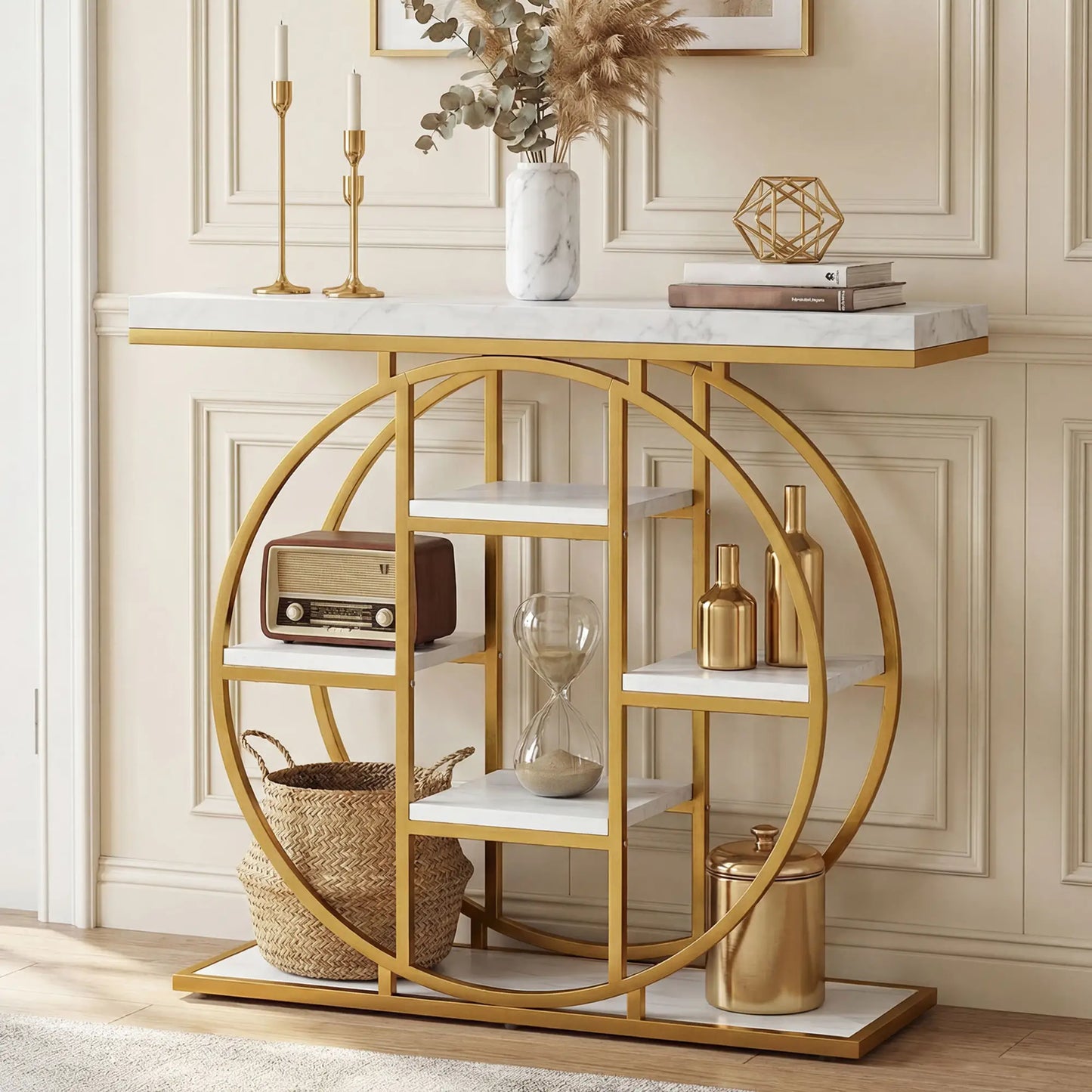 39.4" Console Table With Storage Shelves, White Marble Effect, White Console Tables at Gallery Canada
