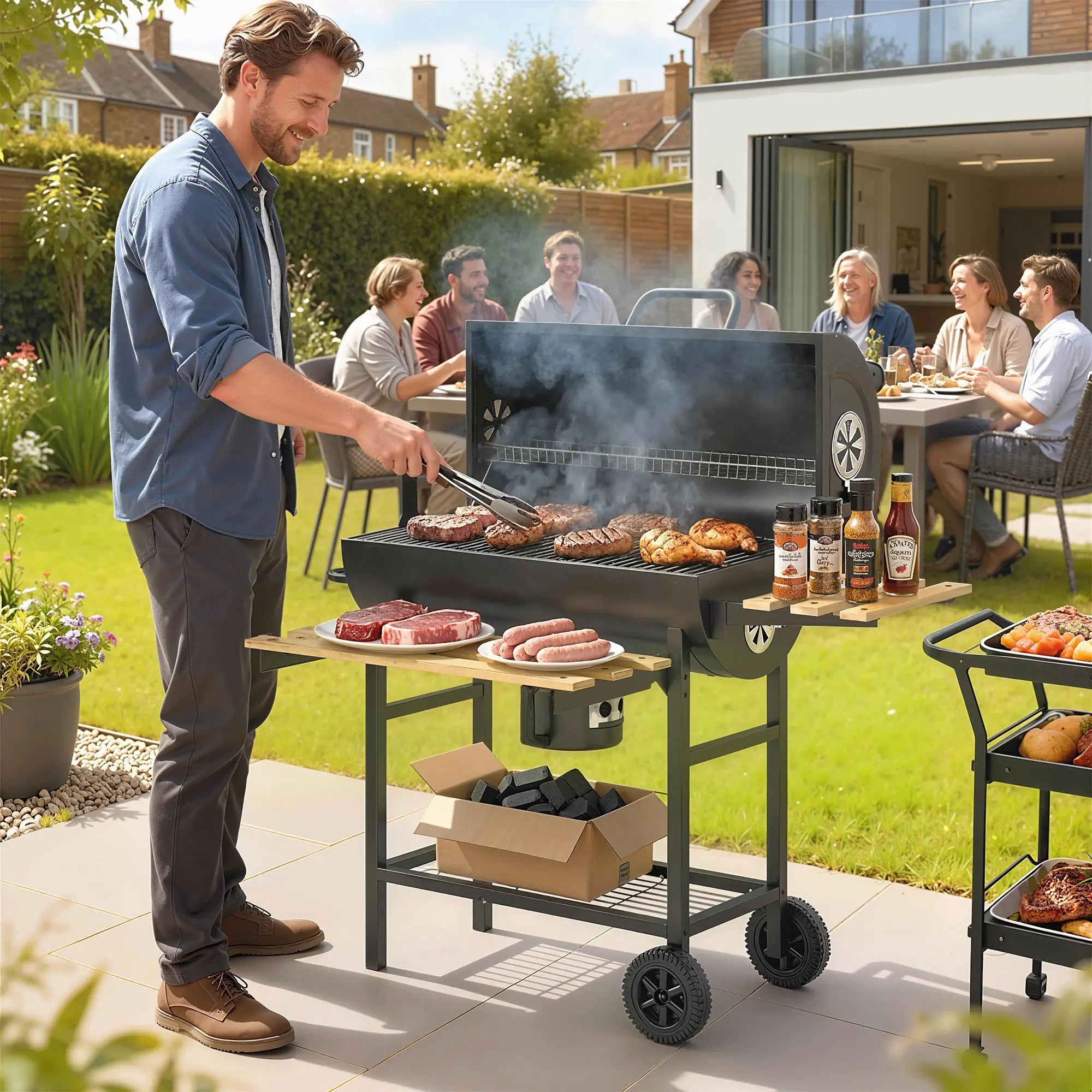 Charcoal BBQ Grill With Foldable Shelves, Warming Rack, Thermometer, Wheels Charcoal BBQ Grils at Gallery Canada