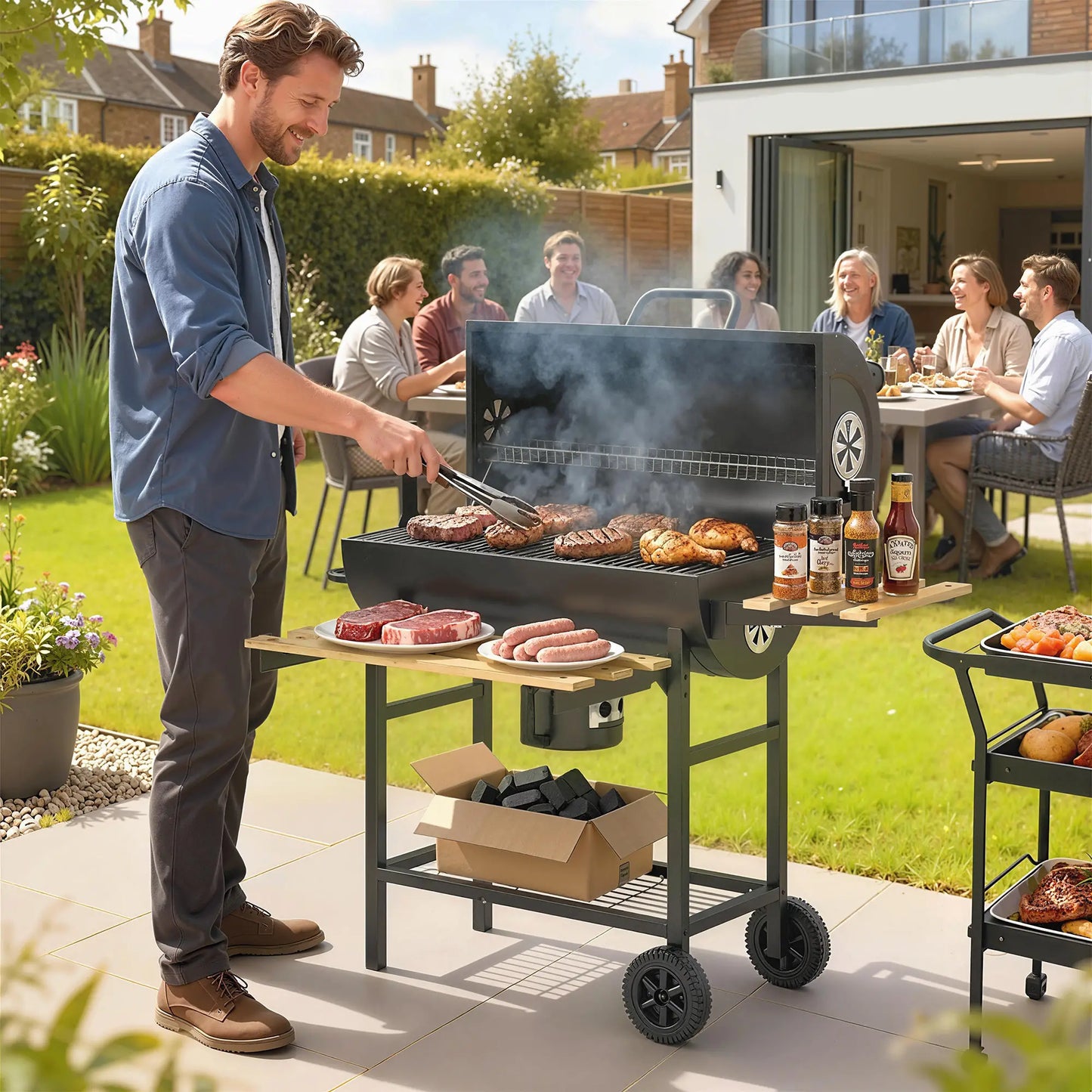 Charcoal BBQ Grill With Foldable Shelves, Warming Rack, Thermometer, Wheels Charcoal BBQ Grils at Gallery Canada