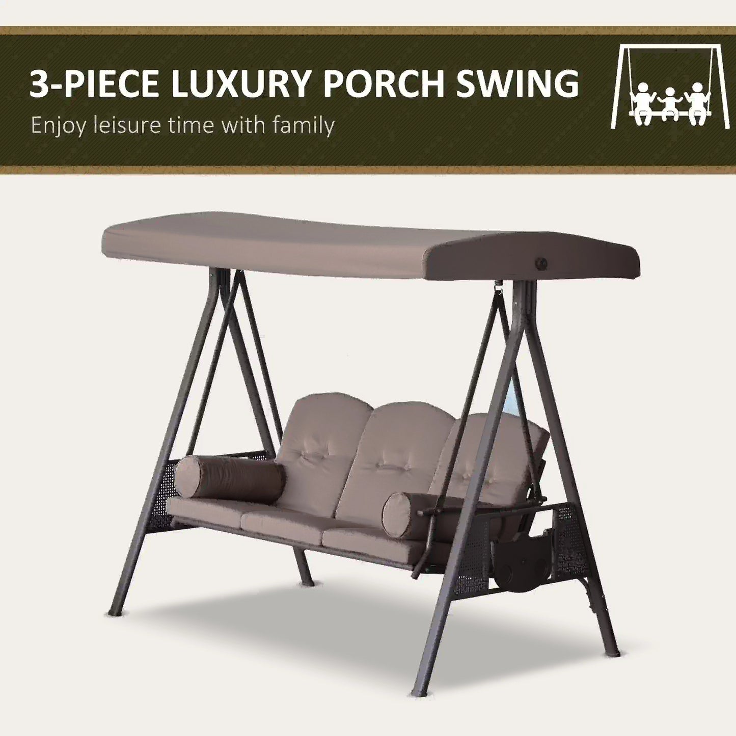 3 Seater Porch Swing, Heavy Duty, Outdoor Lounge Hammock, Brown Patio Swings with Stand at Gallery Canada