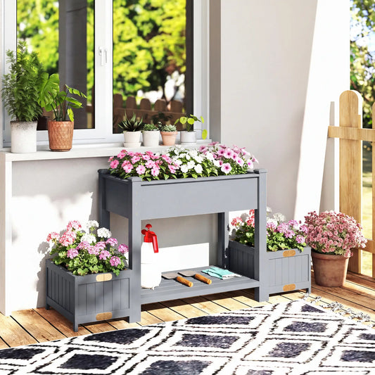 Wooden Raised Garden Bed, 2 Foldable Side Pots, Storage Shelf, Drainage Holes Elevated Garden Beds Grey at Gallery Canada