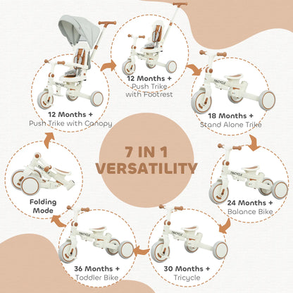 7 in 1 Toddler Tricycle, Safety Harness, Adjustable Parent Handle, Cream White Tricycles for Kids at Gallery Canada