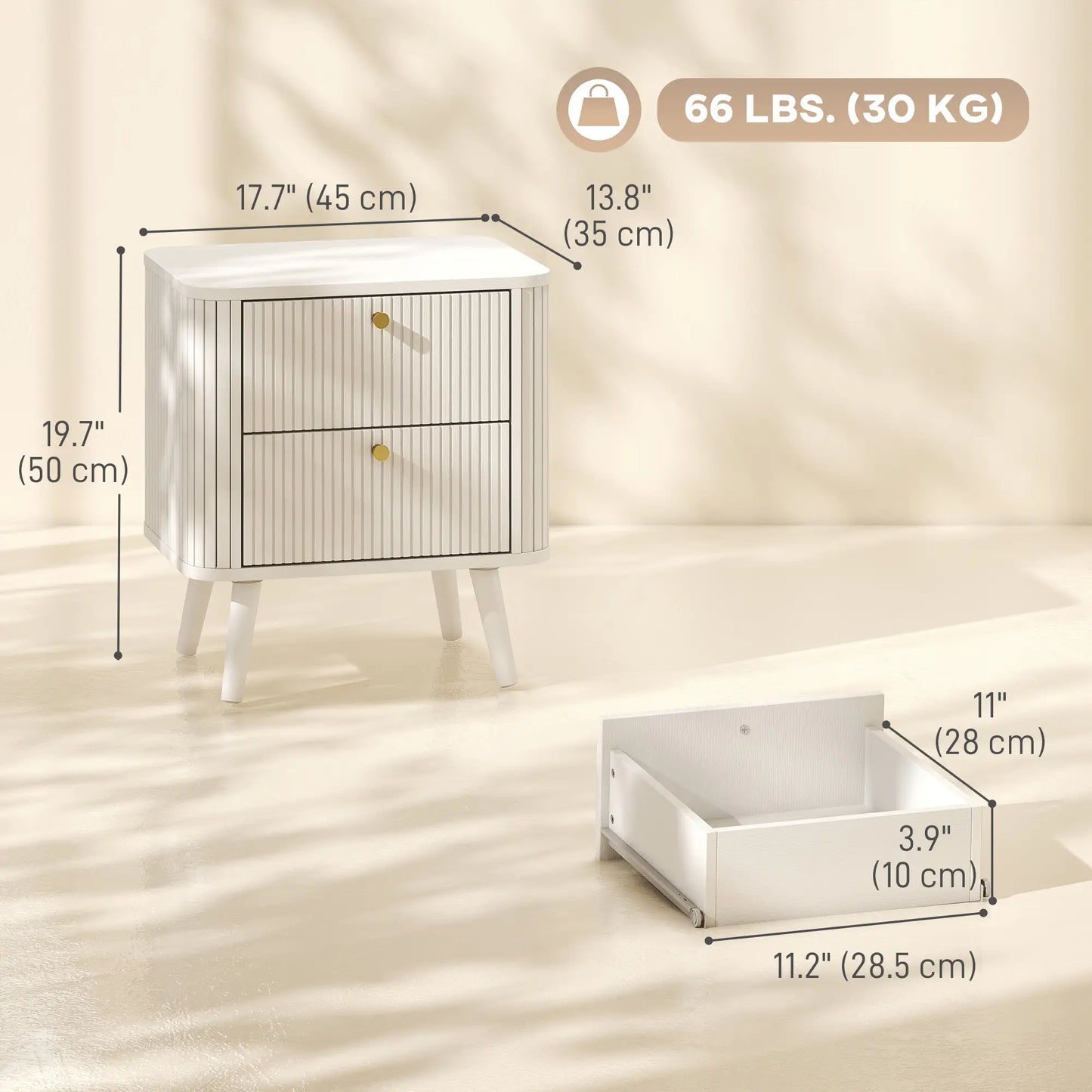 Ensemble de 2 tables de nuit, grain de bois blanc, 2 tiroirs