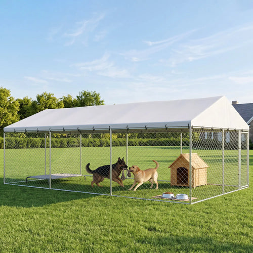 Galvanized Steel Outdoor Dog Kennel With Roof, Safety Locks, 19.7' x 9.8' x 7.1'