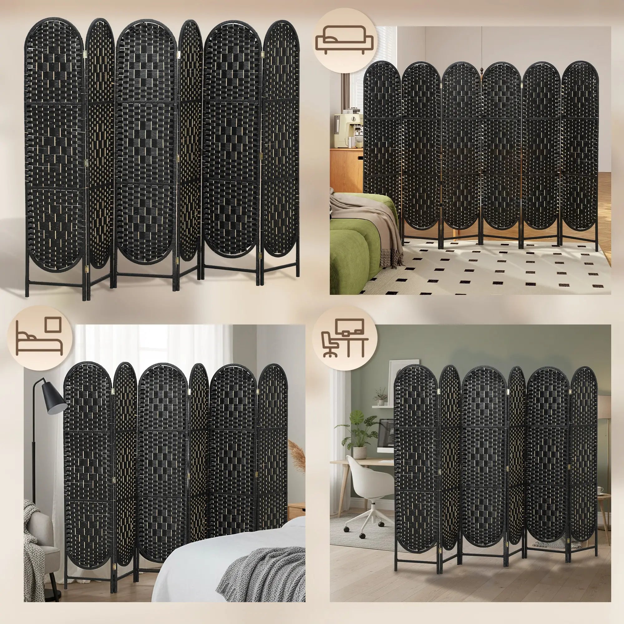 Bohemian Privacy Screen, 6 Panel Folding Room Divider, Arched Top, Black Room Dividers at Gallery Canada