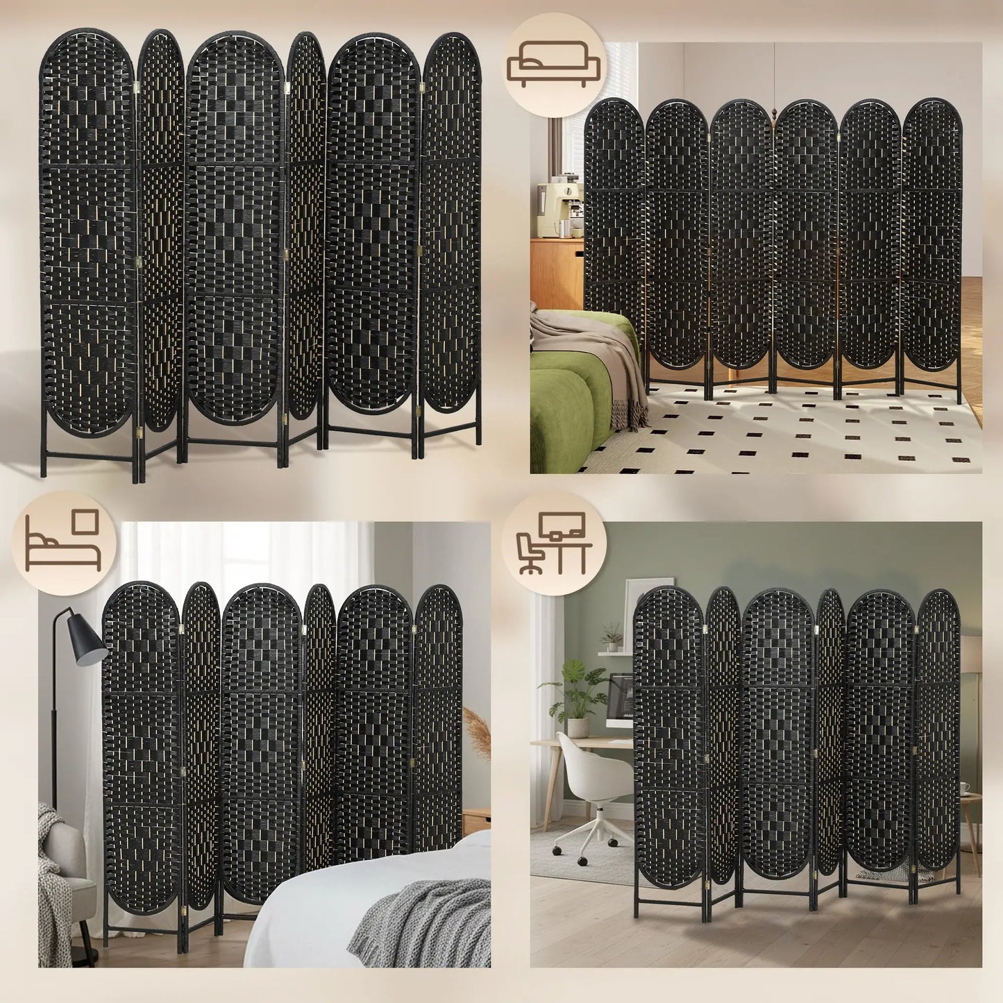 Bohemian Privacy Screen, 6 Panel Folding Room Divider, Arched Top, Black Room Dividers at Gallery Canada