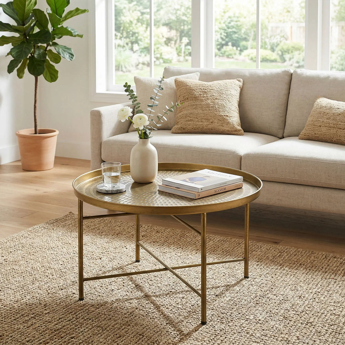 Vintage Coffee Table, 24" Round, Hammered Tray Top, Metal Frame, Gold Coffee Tables at Gallery Canada
