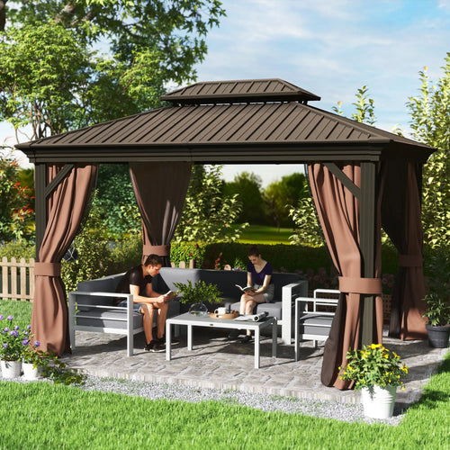 10' x 12' Outdoor Hardtop Gazebo, Galvanized Canopy, Netting Sidewalls, Dark Brown