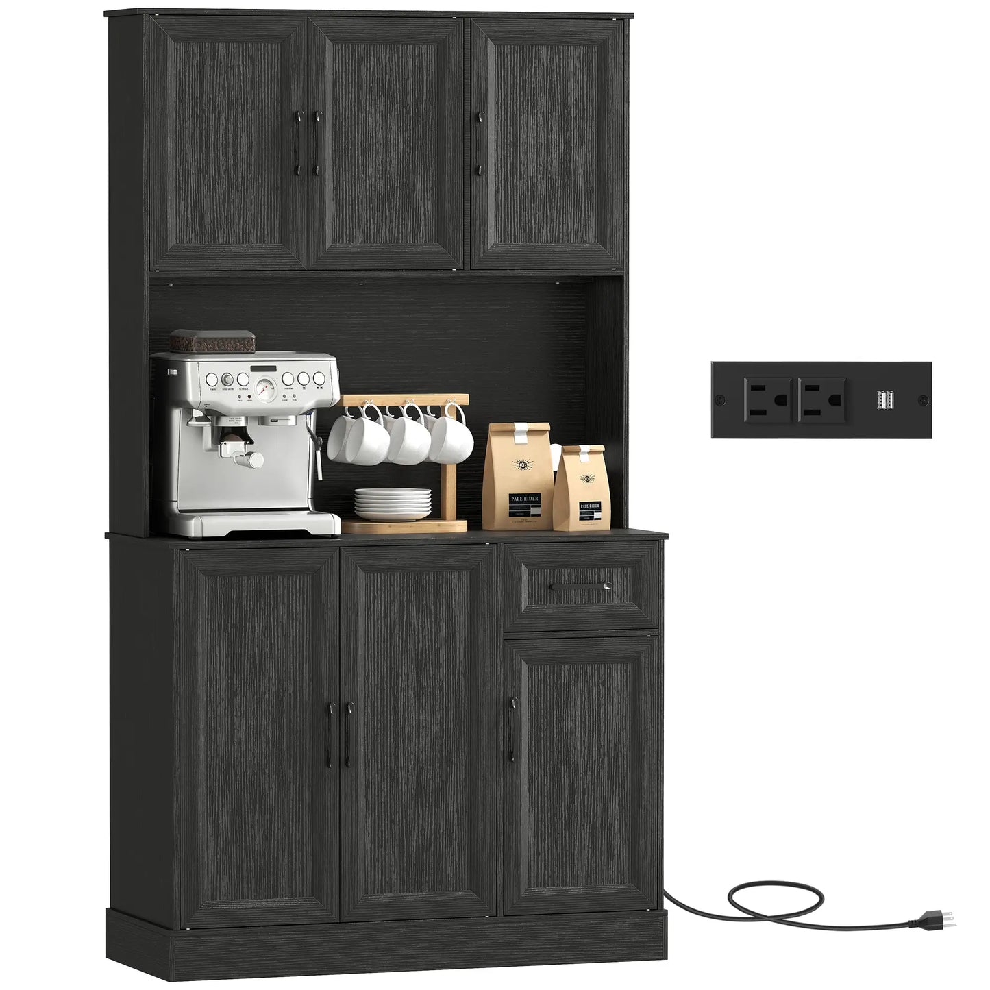 71 Inch Pantry Cabinet with Charging Station, Microwave Stand, Adjustable Shelves, Black Kitchen Pantry Cabinets at Gallery Canada
