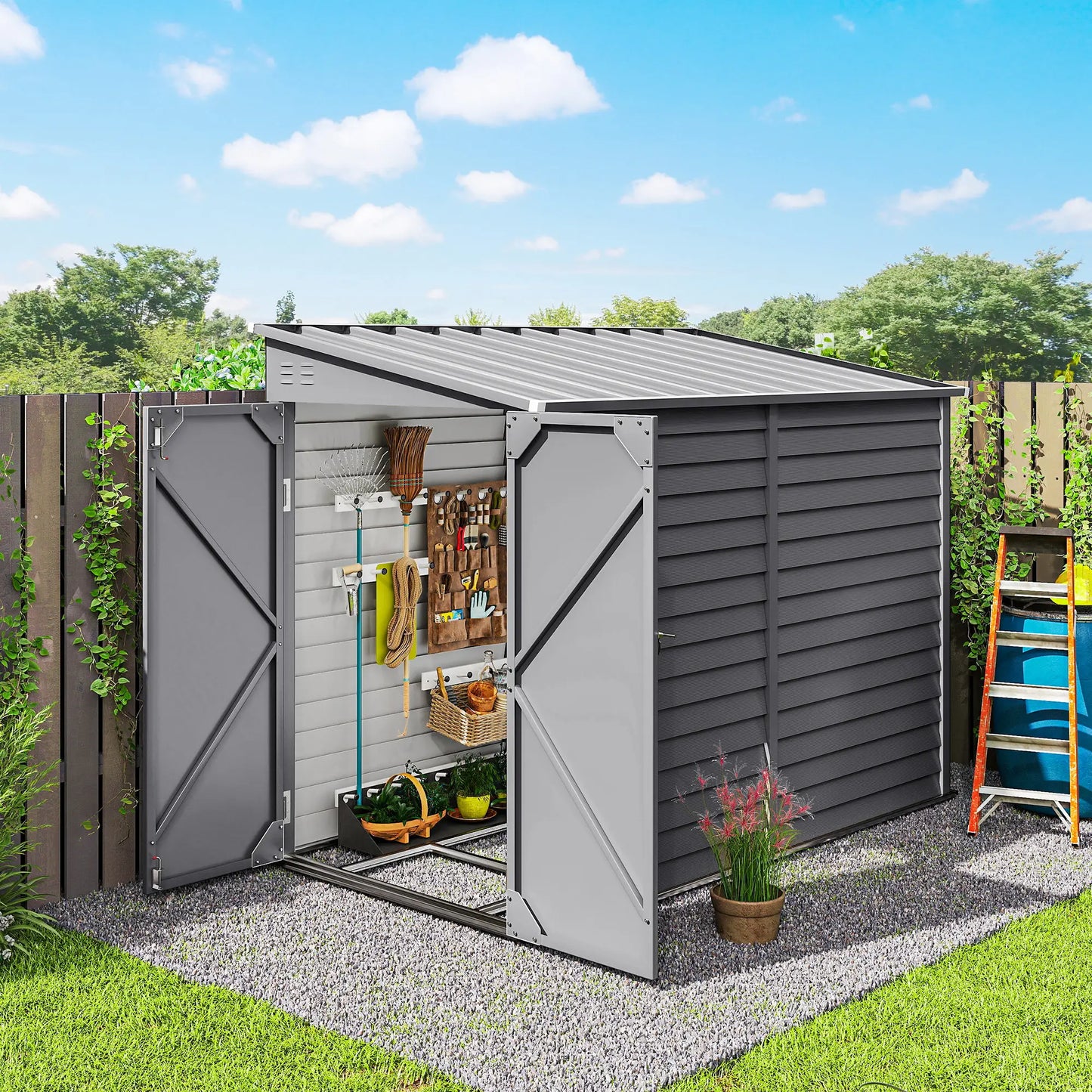4.6' x 9' Steel Outdoor Storage Shed, Lean to, Lockable Doors, Grey Sheds at Gallery Canada