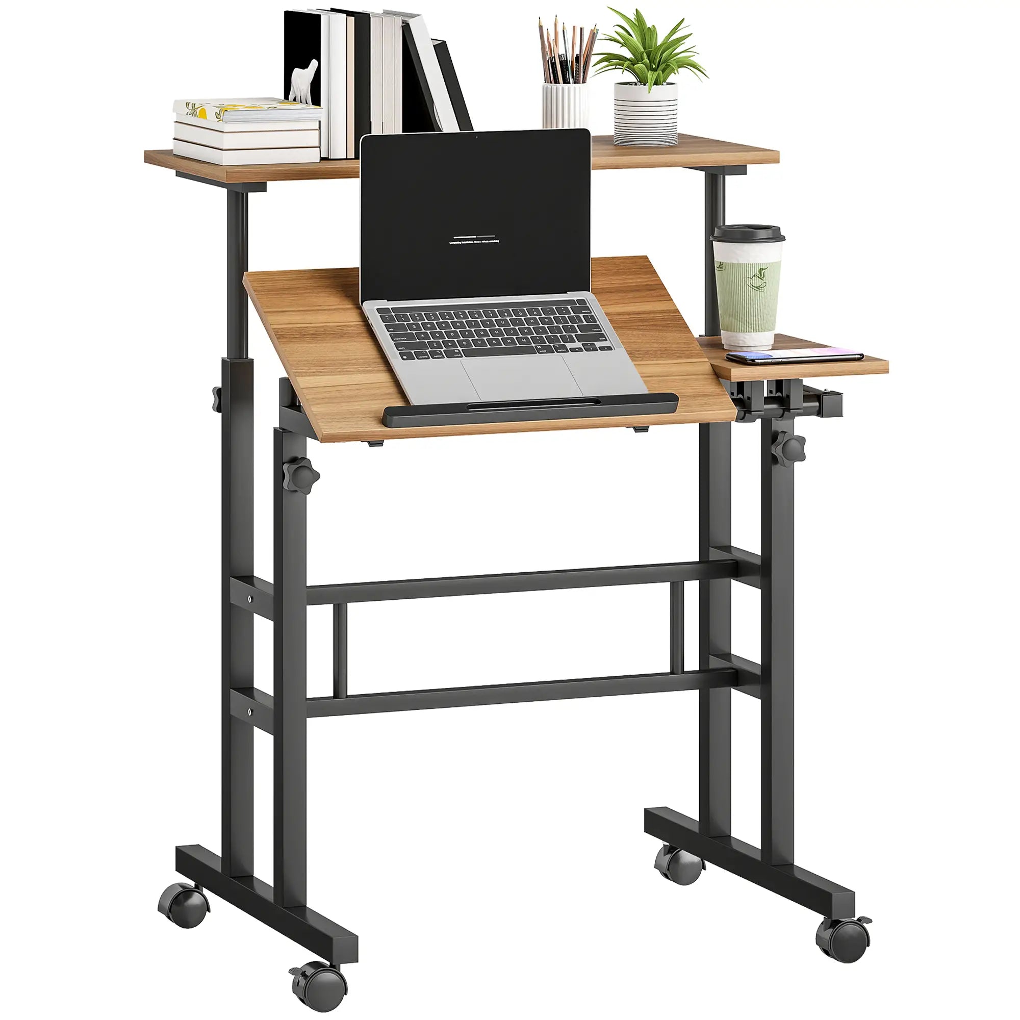 Mobile Stand Up Desk, Height Angle Adjustable, Wheels, Brown Computer Desks at Gallery Canada