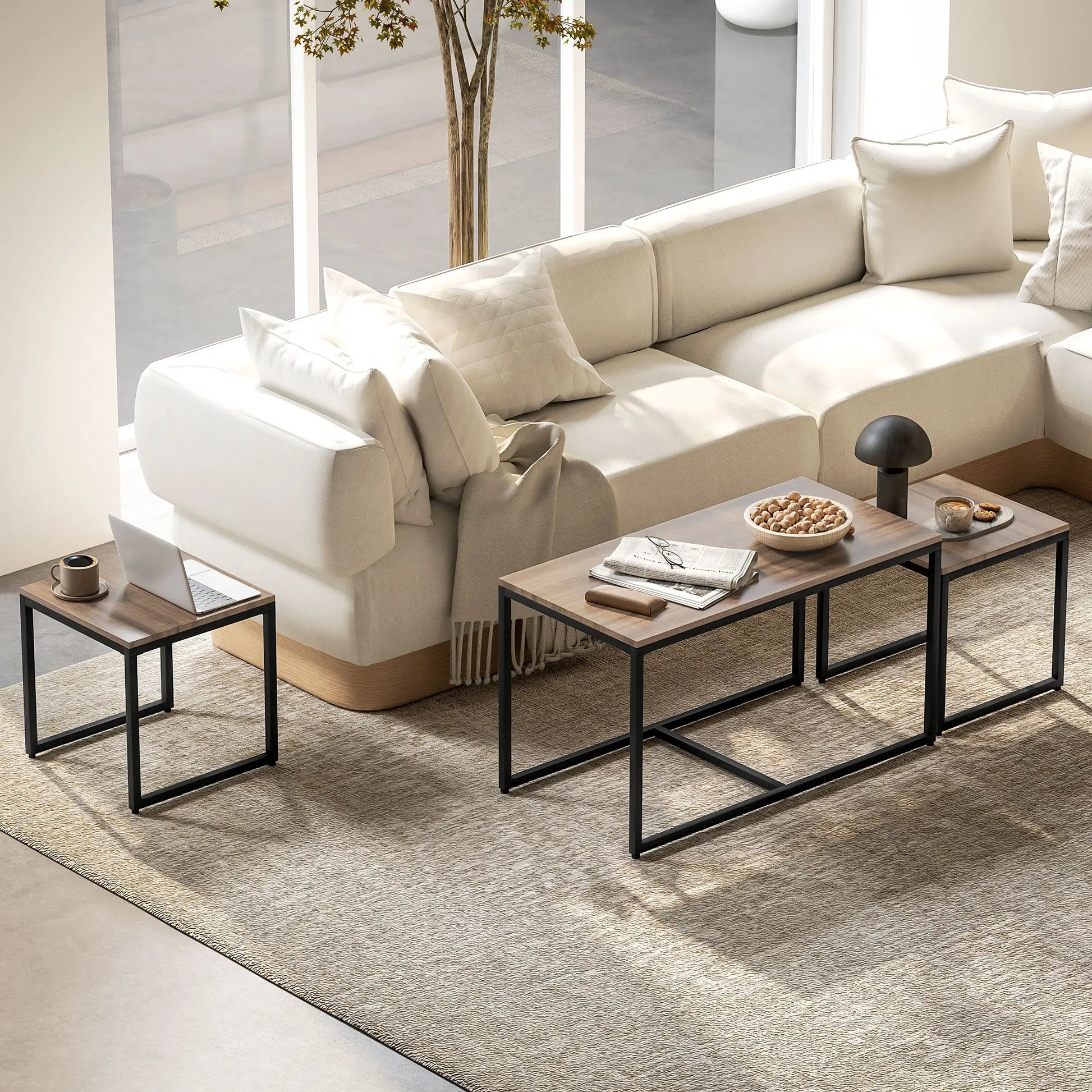 Nesting Coffee Table Set of 3, Black Metal Frame, 3-Piece, Brown Coffee Tables at Gallery Canada