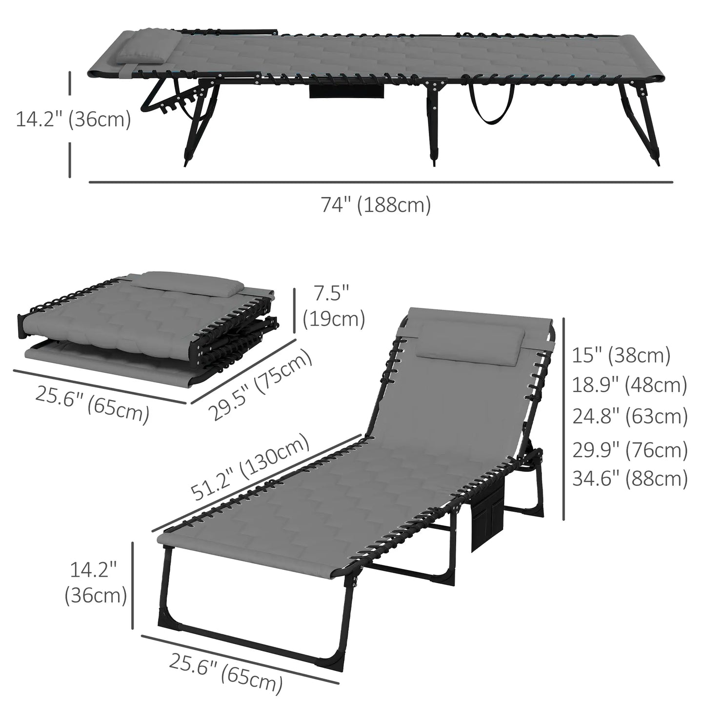 Folding Chaise Lounge, Reclining Back, 25.6" x 74" x 14.2", Grey Lounger Chairs at Gallery Canada