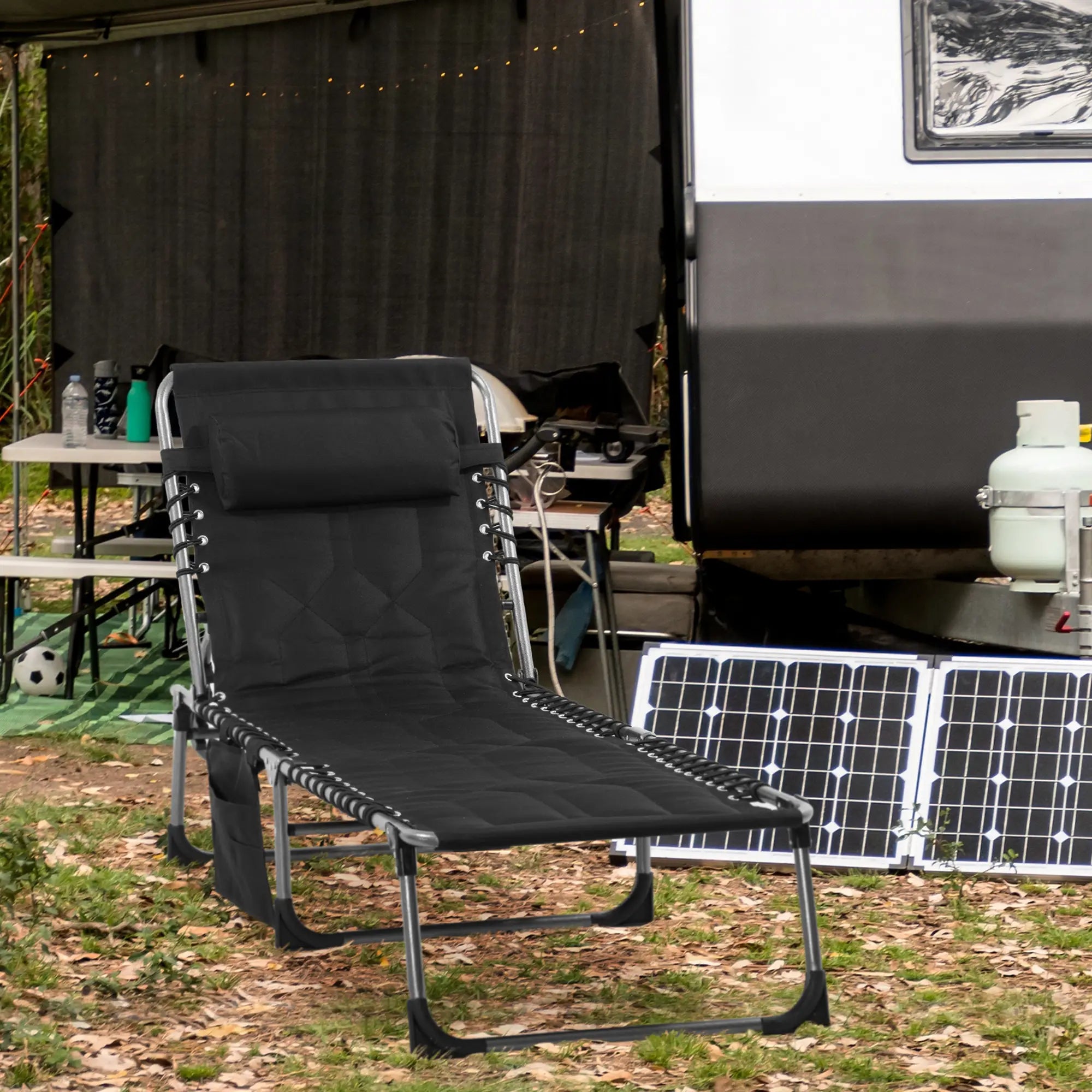 Folding Chaise Lounge Chair, Outdoor Padded Reclining, Adjustable Backrest, Black Lounger Chairs at Gallery Canada