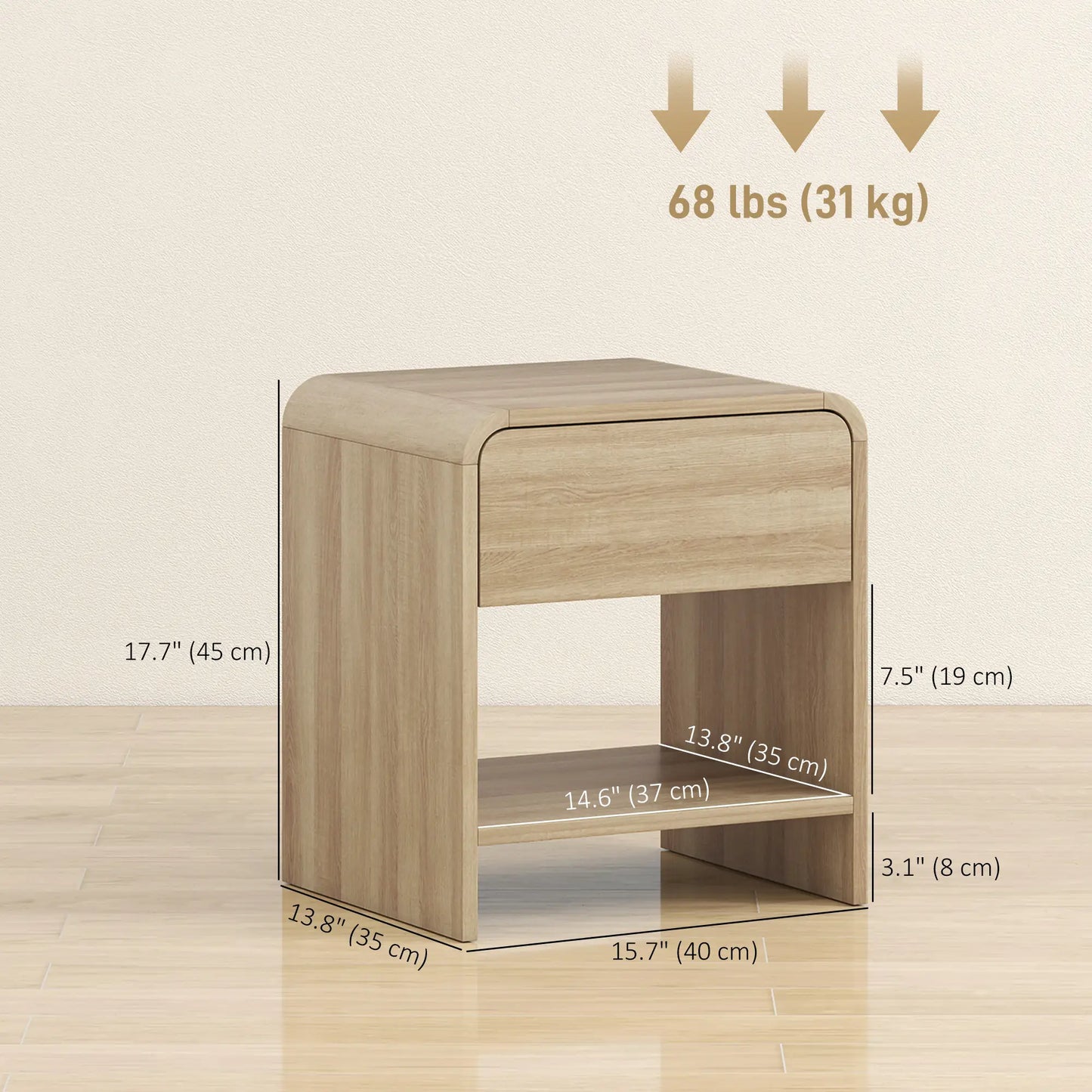 Modern Nightstand Set Of 2, Natural Wood, With Drawer And Open Shelf