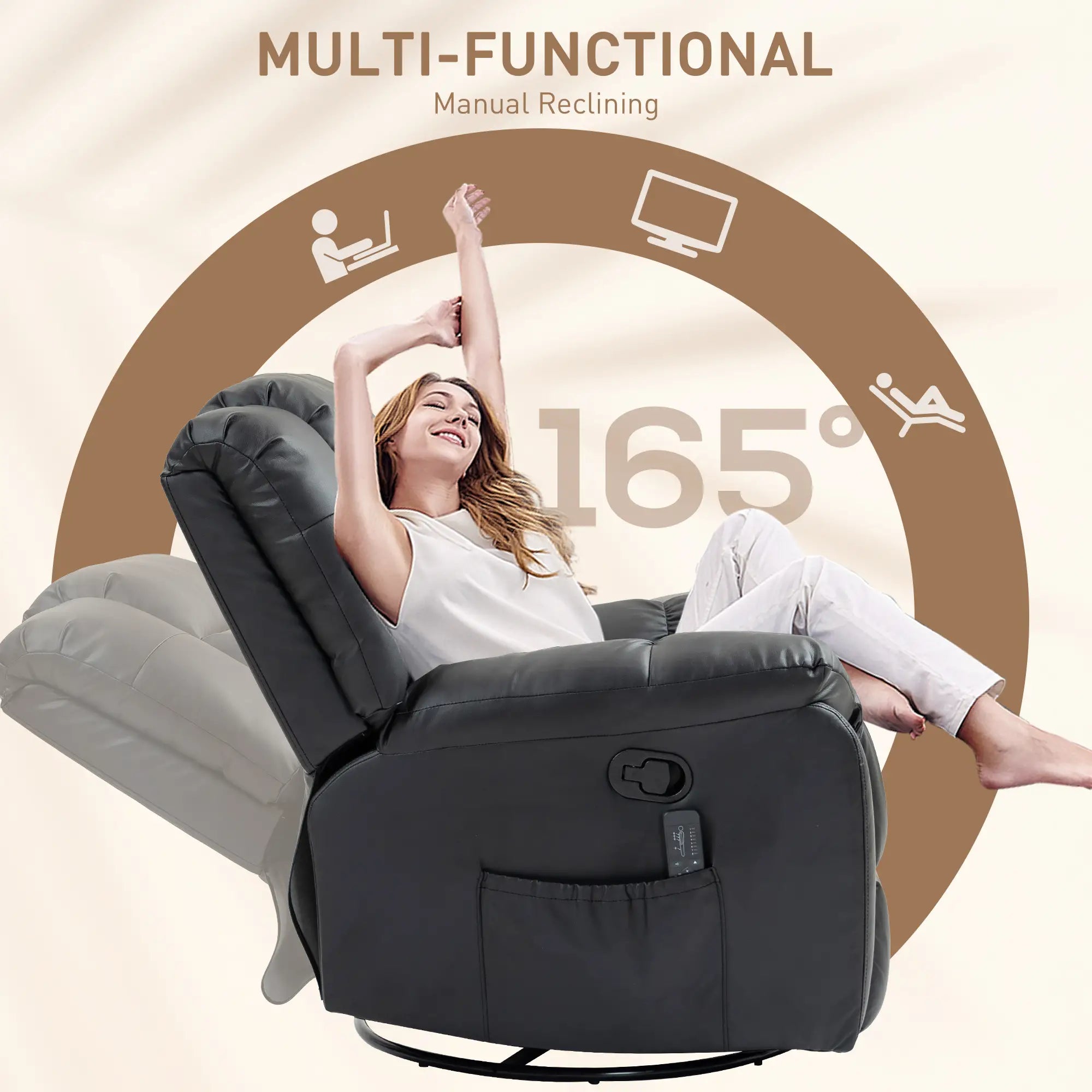 8-Point Vibration Massage Recliner Chair, PU Leather, 360° Swivel, Black Single Sofas at Gallery Canada