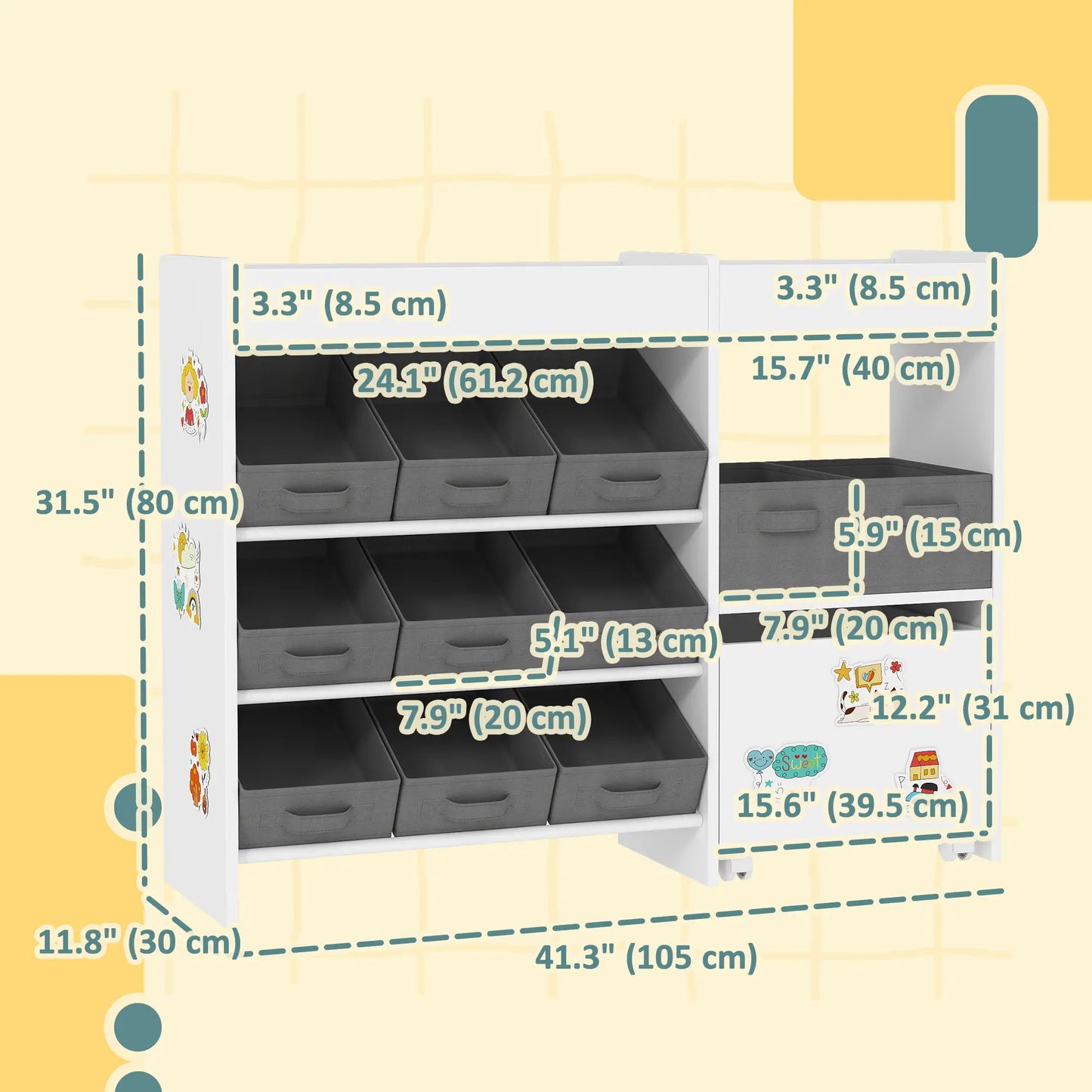 Kids Toy Storage Organizer with 11 Bins, Moveable Cabinet, Top Shelves, 3 Stickers, for Nursery, Playroom, White Bookshelves & Bookcases at Gallery Canada