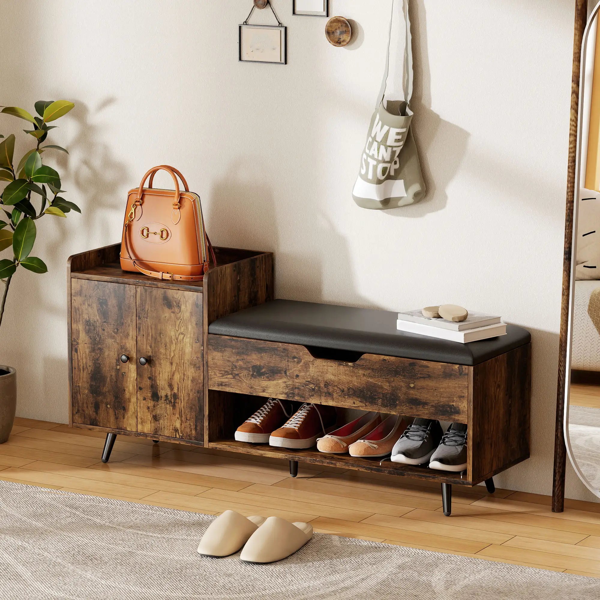 Storage Bench with Cushion, Hidden Compartments, Rustic Brown Shoe Storage Cabinets & Racks at Gallery Canada
