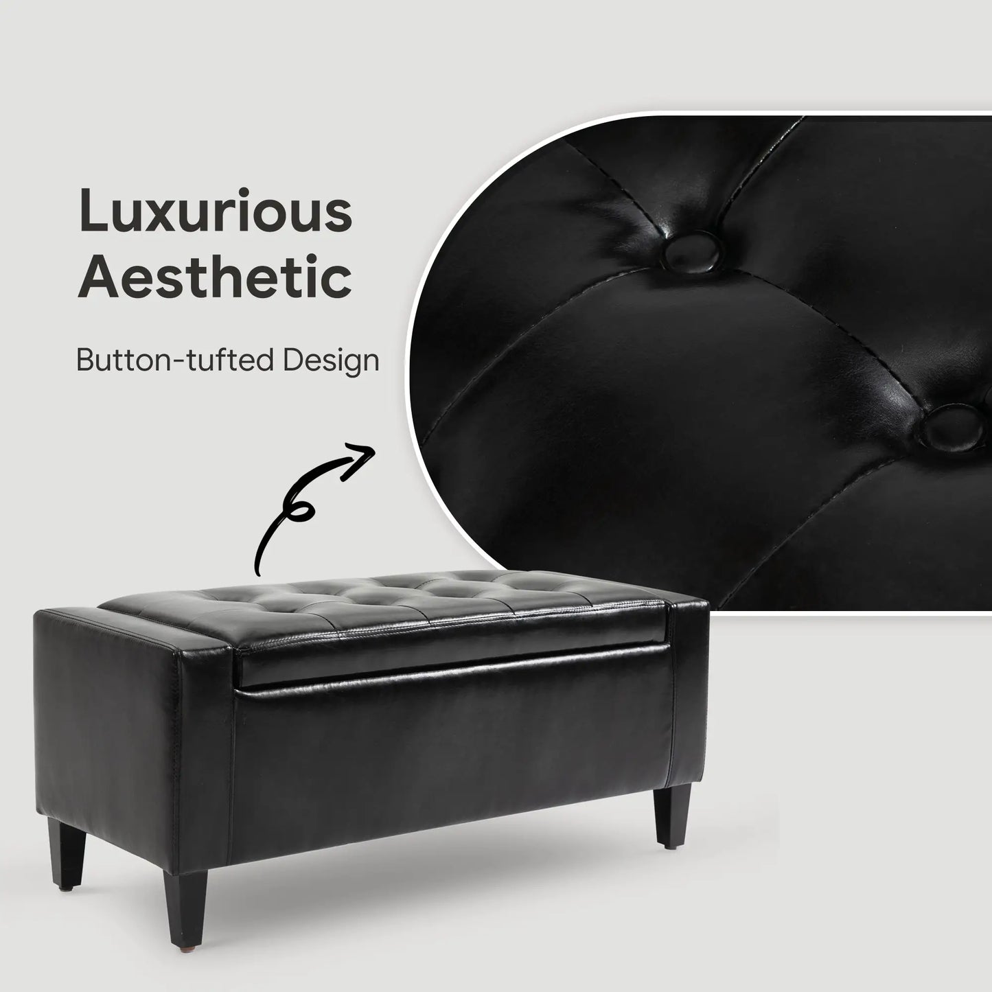 Storage Ottoman Bench, PU Leather Upholstered, Tufted Design, Black Storage Ottomans & Benches at Gallery Canada