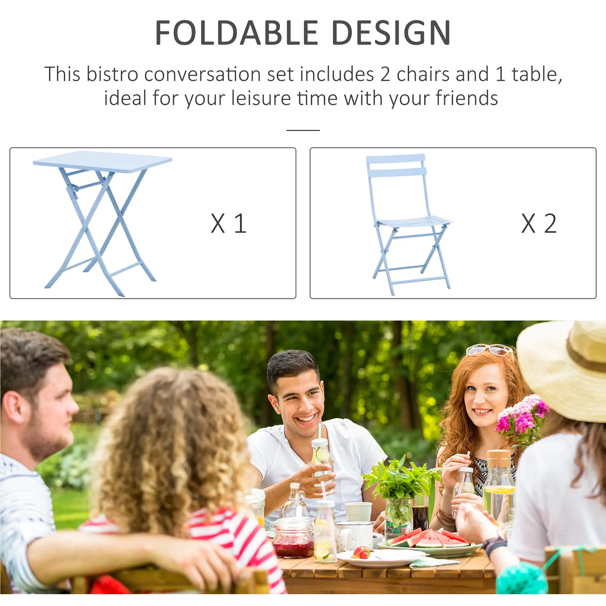 3-Piece Garden Bistro Set, Foldable Chair & Square Table, Blue Bistro Sets at Gallery Canada