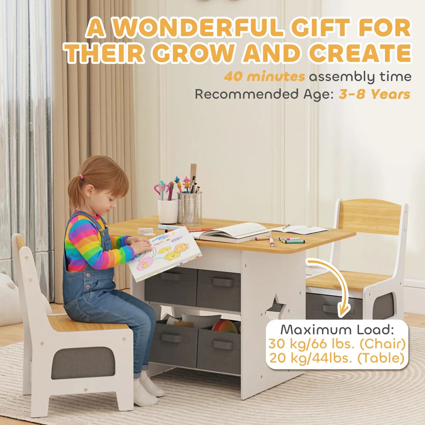 3 Piece Kids Table and Chair Set, 6 Removable Drawers, Natural Kids Table Sets at Gallery Canada