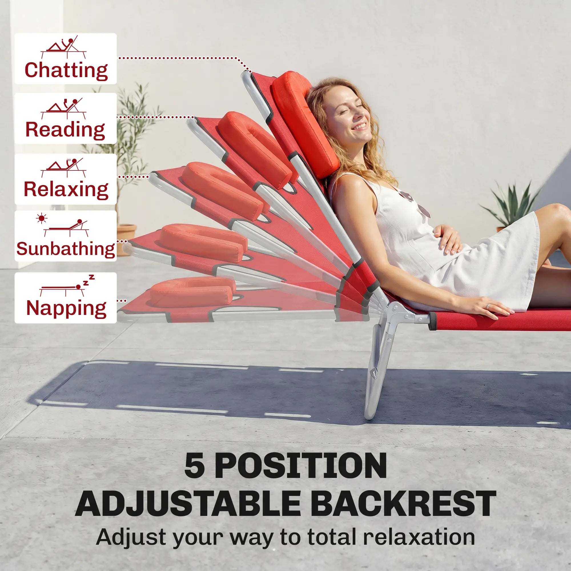 Outdoor Lounge Chair, Adjustable Folding Chaise, Sun Lounger Bed, Red Lounger Chairs at Gallery Canada