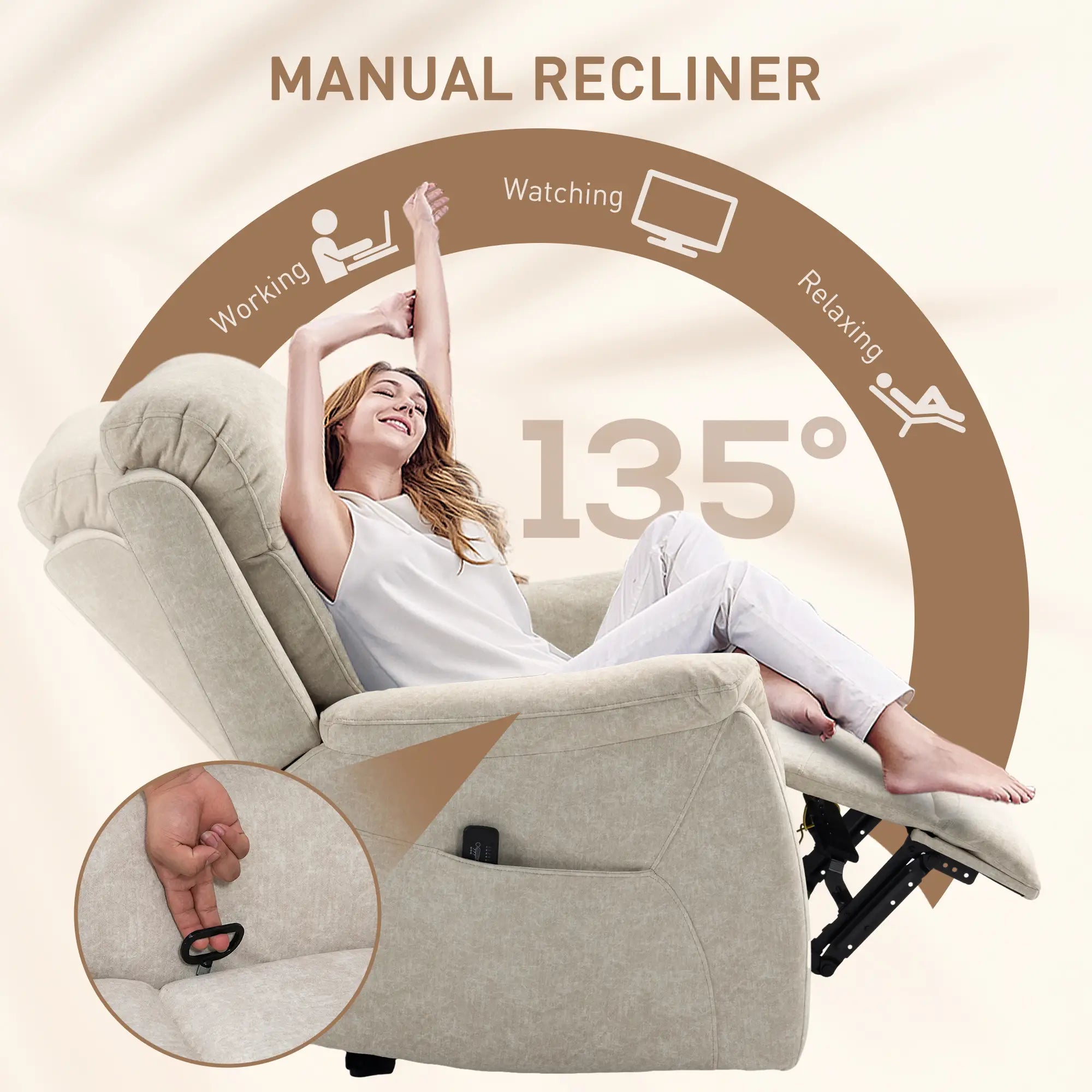Manual Recliner Chair, Vibration Massage, Living Room, Side Pockets, Beige Single Sofas at Gallery Canada