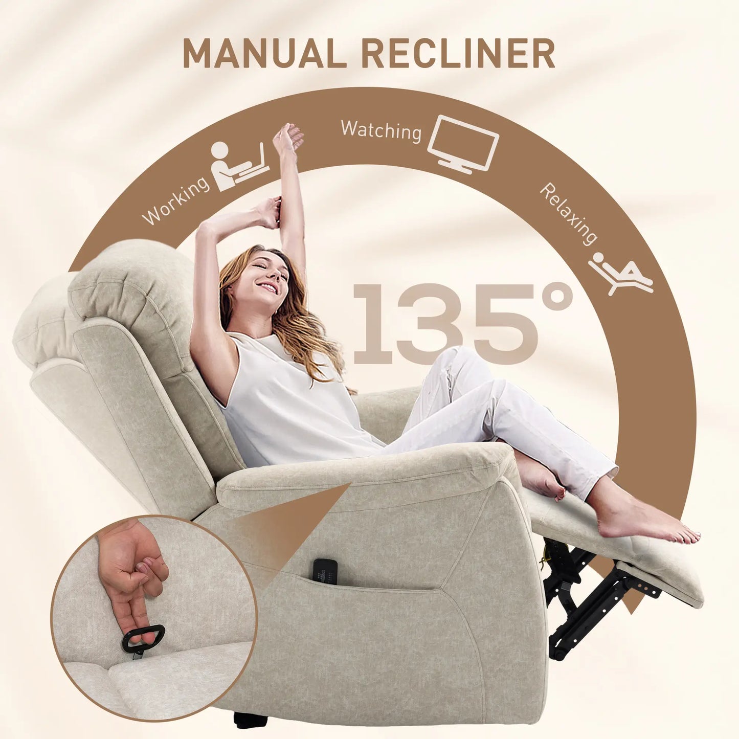 Manual Recliner Chair, Vibration Massage, Living Room, Side Pockets, Beige Single Sofas at Gallery Canada