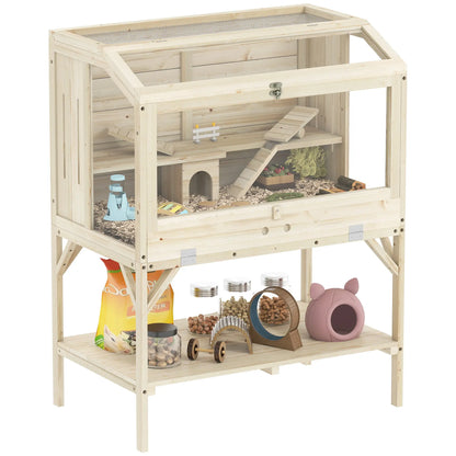 Cage en bois pour hamster, dessus ouvrable, biberon d'eau, panneaux transparents, transparent