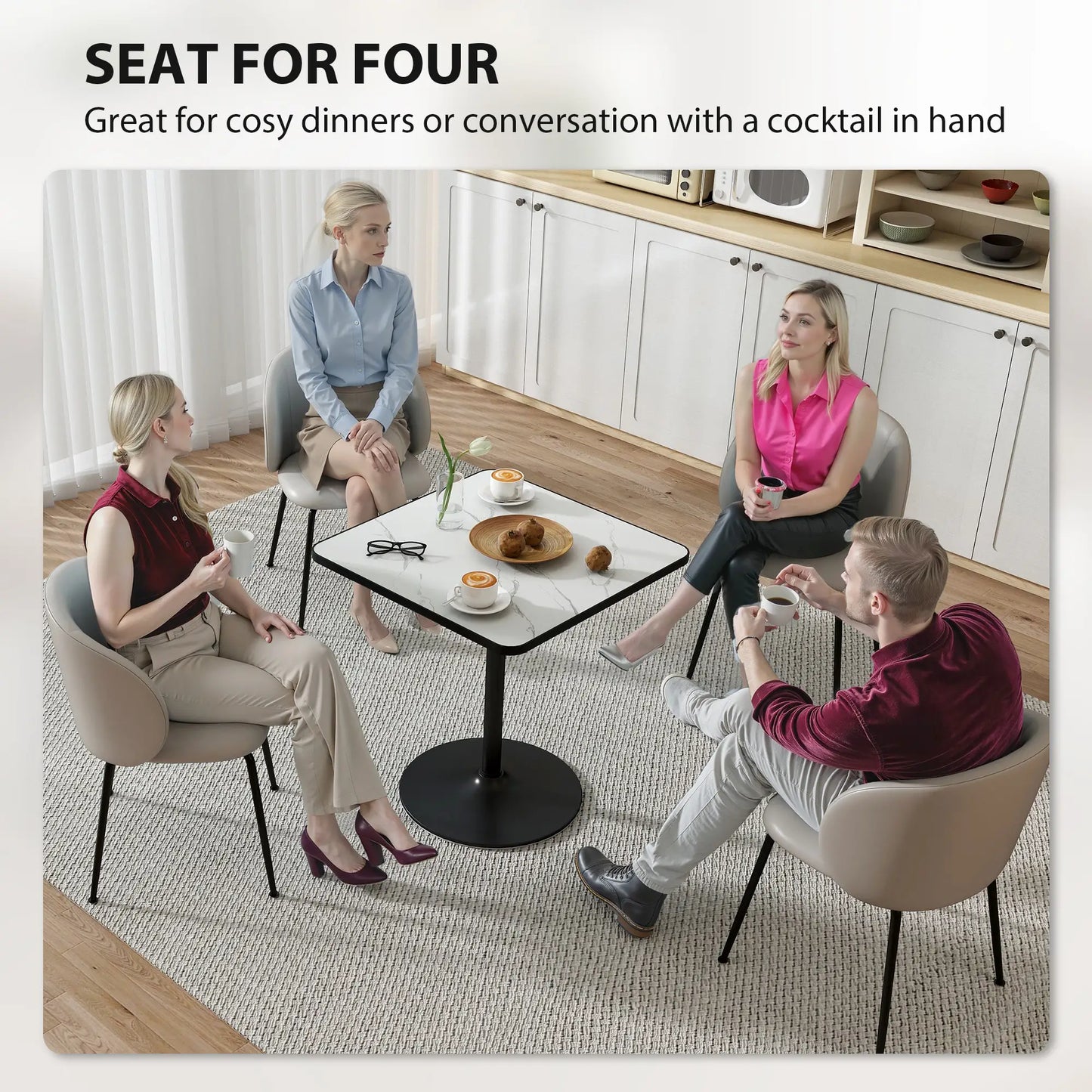 Modern Dining Table For 4, White Marble Effect Tabletop, Round Base, White