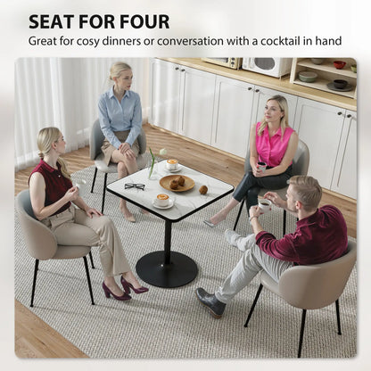 Modern Dining Table For 4, White Marble Effect Tabletop, Round Base, White