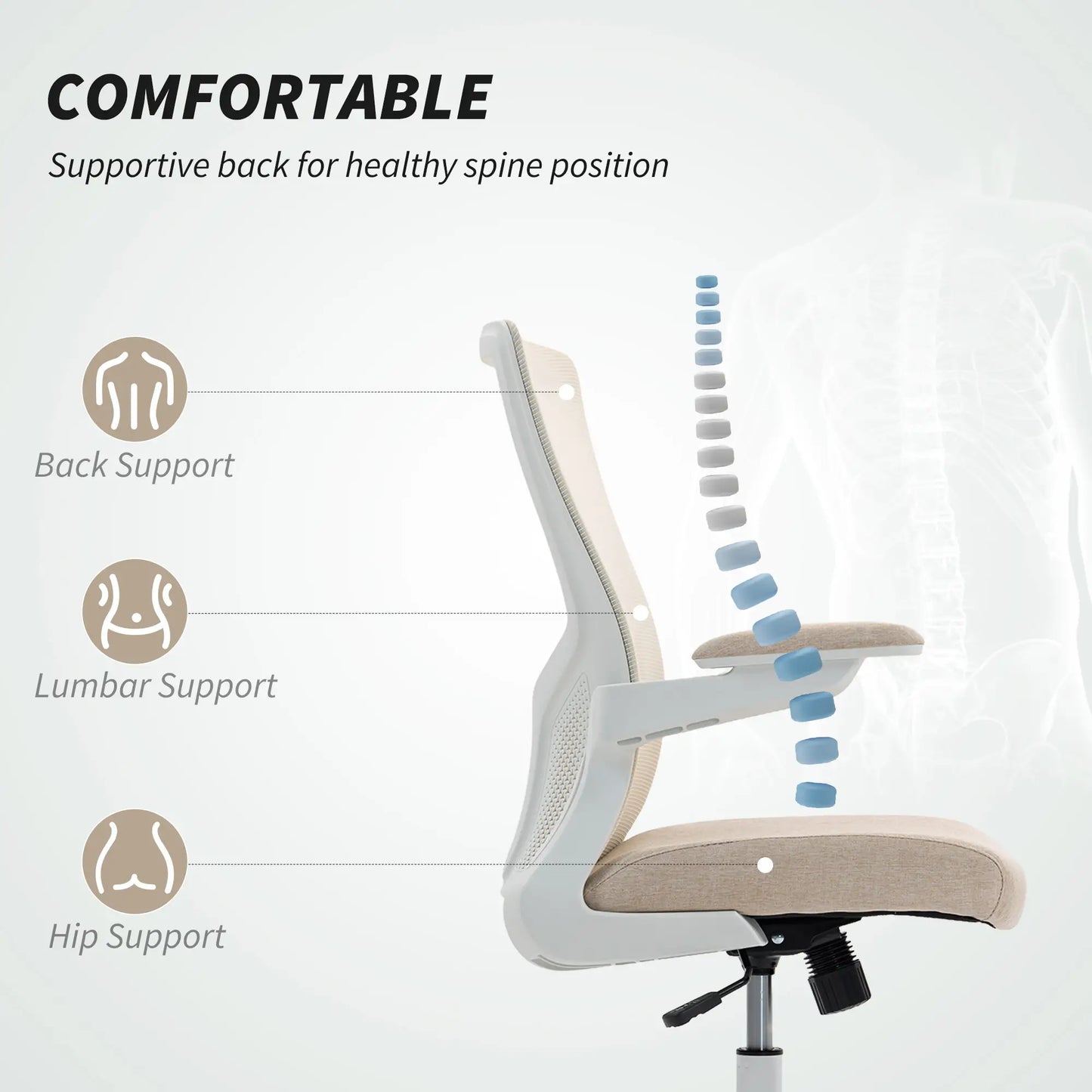 Ergonomic Office Chair, Swivel Desk Chair, Adjustable Lumbar Support, Flip-up Armrests, Wheels, Beige Task Chairs at Gallery Canada