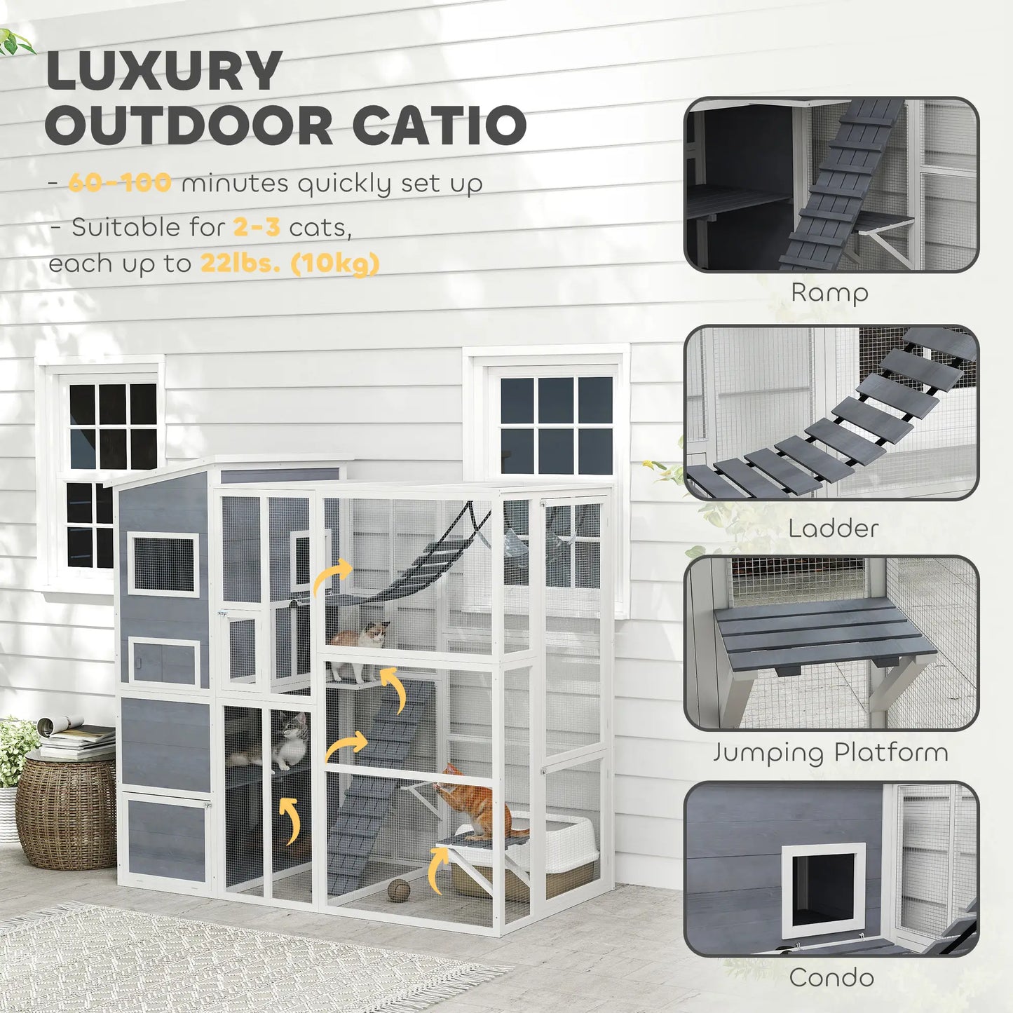 76" Catio Outdoor Cat Enclosure with Condo, Platforms, Grey Outdoor Cat Enclosures at Gallery Canada