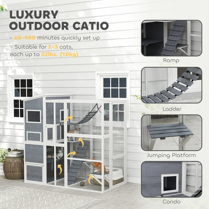 76" Catio Outdoor Cat Enclosure with Condo, Platforms, Grey Outdoor Cat Enclosures at Gallery Canada