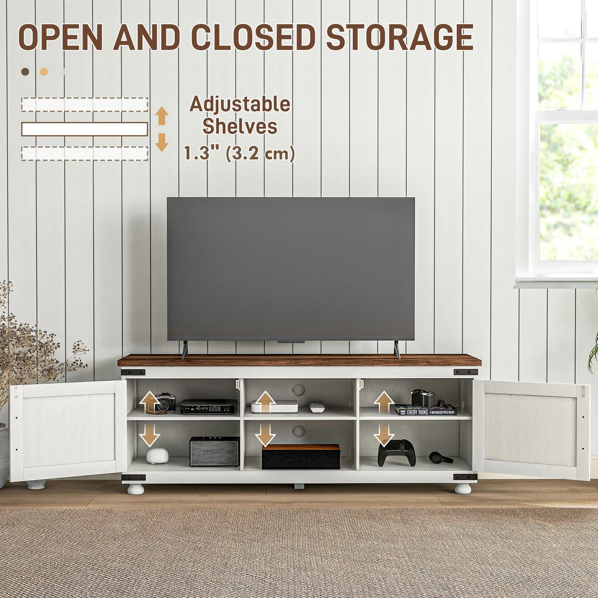 Farmhouse TV Stand for 65" TV, Barn Doors, Distressed White, White TV Stands at Gallery Canada