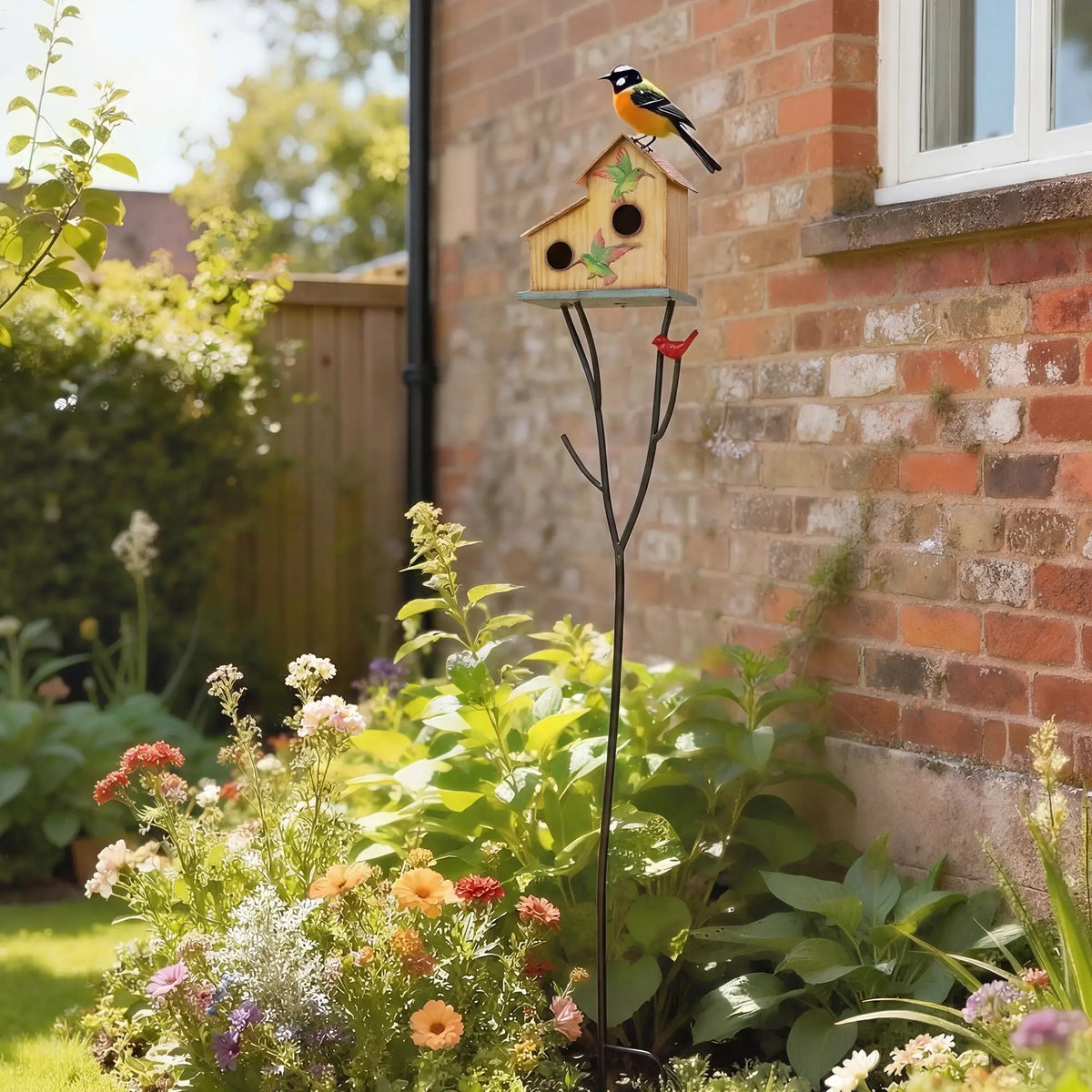 57" Outdoor Bird House With Pole, Double-Hole Metal Birdhouse, Yellow Birds at Gallery Canada