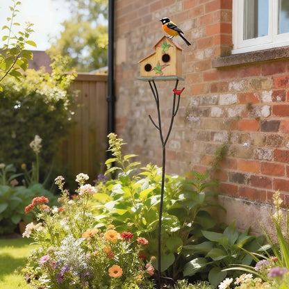 57" Outdoor Bird House With Pole, Double-Hole Metal Birdhouse, Yellow Birds at Gallery Canada