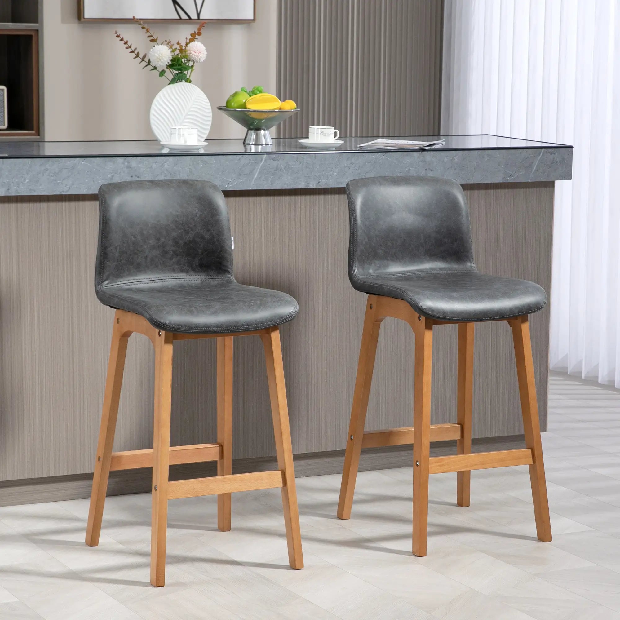 Modern Bar Stools Set of 2, Counter Height, PU Leather, Wooden Frame, Grey Bar Stools at Gallery Canada