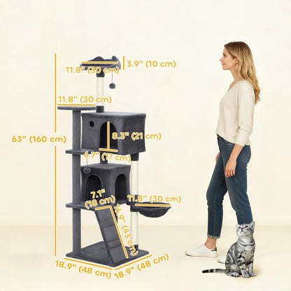 63 Inch Cat Tree, Sisal Scratching Posts, Condos, Plush Perches, Hammock, Ladder, Dangling Balls, Dark Grey Cat Towers at Gallery Canada