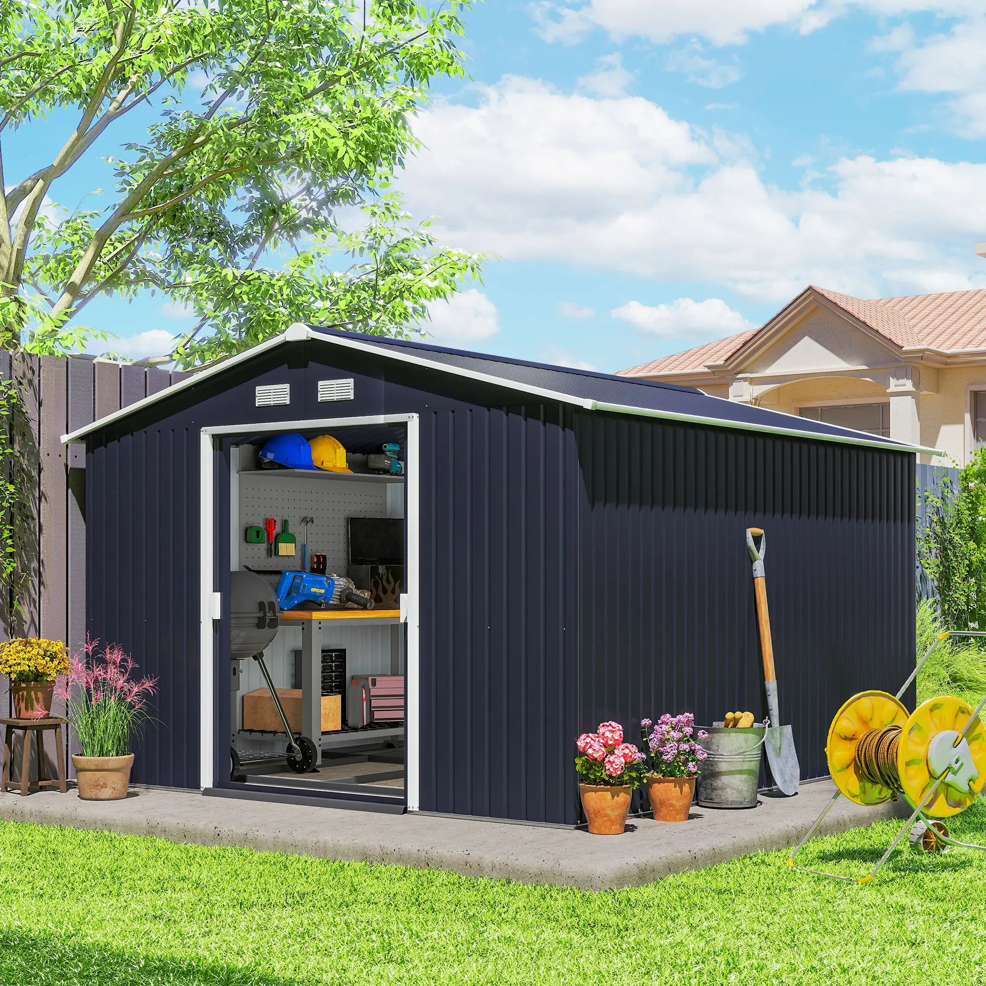 11' x 9' Metal Storage Shed, Garden Tool House, Double Sliding Doors, 4 Air Vents, Dark Grey Sheds at Gallery Canada